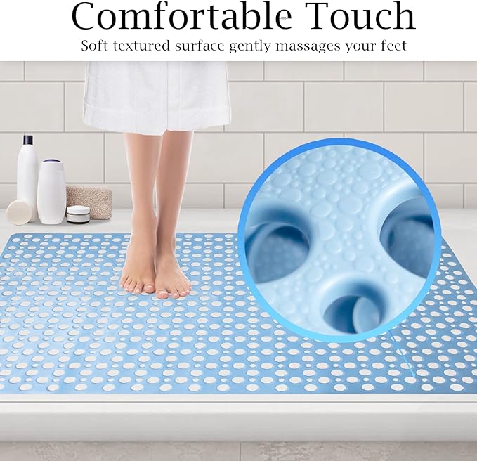 Non Slip Large Shower Mat 35.4"*23.6", TPE Bath Mats for Inside Outside Shower,Extra Large Bathtub Mat with Suction Cups and Big Drain Holes,Blue