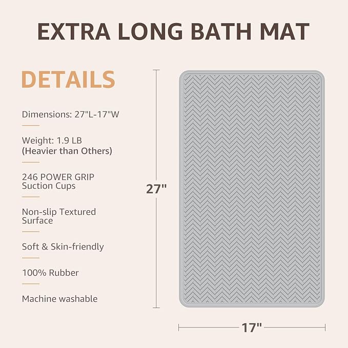 OTHWAY Bathtub Mat Non Slip, 27" x 17" Bath Mat for Tub, Machine Washable Shower Anti Slip Mat with 246 Strong Suction Cups (A Little Grey)