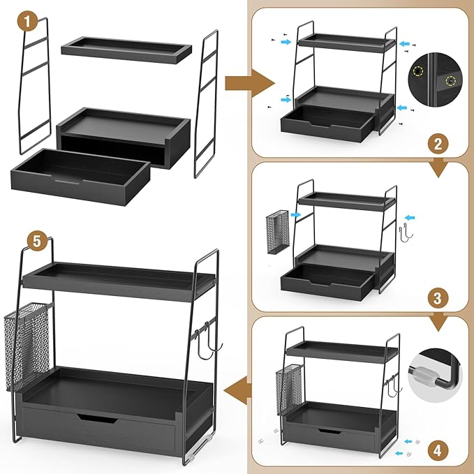 2-Tier Bathroom Counter Organizer with Drawer and Removable Basket, Wood Vanity Countertop Storage for Perfume, Makeup, Skincare, Bathroom Counter Shelf, 13" x 7.9" x 14.5", Black