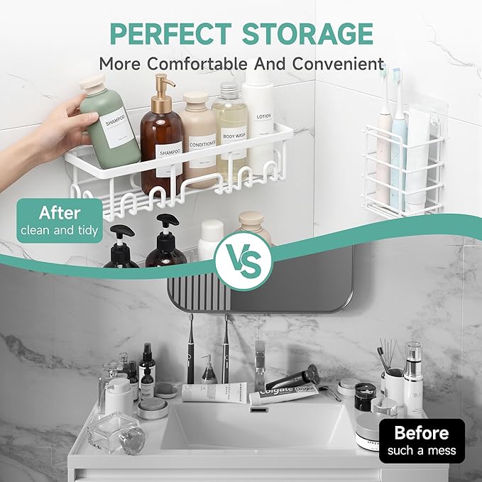 Veken 6-Pack Rustproof&Waterproof Shower Caddy, Adhesive Shelves Rack with Soap Holder, Large Bathroom & Washroom Organizer, No Drilling Wall-Mounted Kitchen&Home Decor,Ideal for Bathtub Storage,White