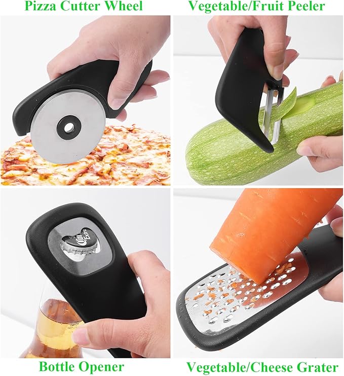 Kitchen Gadgets Set 6 Pieces, Space Saving Cooking Tools Kitchen Accessories-Garlic Grinder, Cheese Grater, Vegetable Peeler, Pizza Cutter, Herb Stripper, Bottle Opener, Gadgets Gift Set (Black)