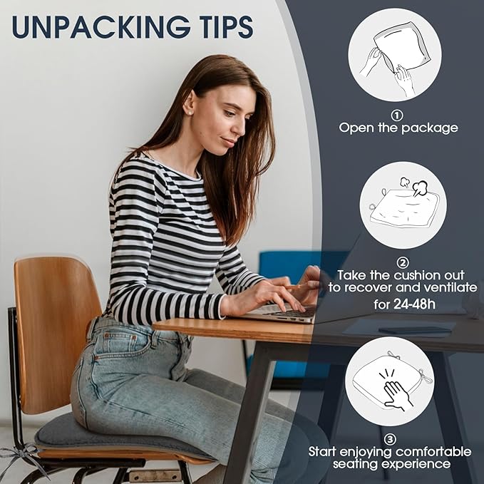 TushGuard Chair Cushions, 4 Pack Memory Foam Chair Pads, Seat Cushion, Kitchen Chair Cushions Set of 4, Anti-Slip Backing & Fixed Straps,Grey