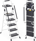 TOOLF 5 Step Ladder, Sturdy Steel Step Stool with Tool Platform, Anti-Slip Wide Pedals, Handrail, Safe-Lock Design, Folding Portable Ladder for Home, Kitchen, Pass 800lbs Load Testing, White
