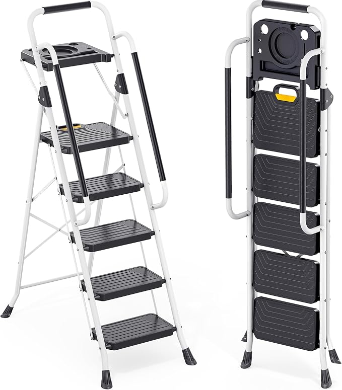 TOOLF 5 Step Ladder, Sturdy Steel Step Stool with Tool Platform, Anti-Slip Wide Pedals, Handrail, Safe-Lock Design, Folding Portable Ladder for Home, Kitchen, Pass 800lbs Load Testing, White