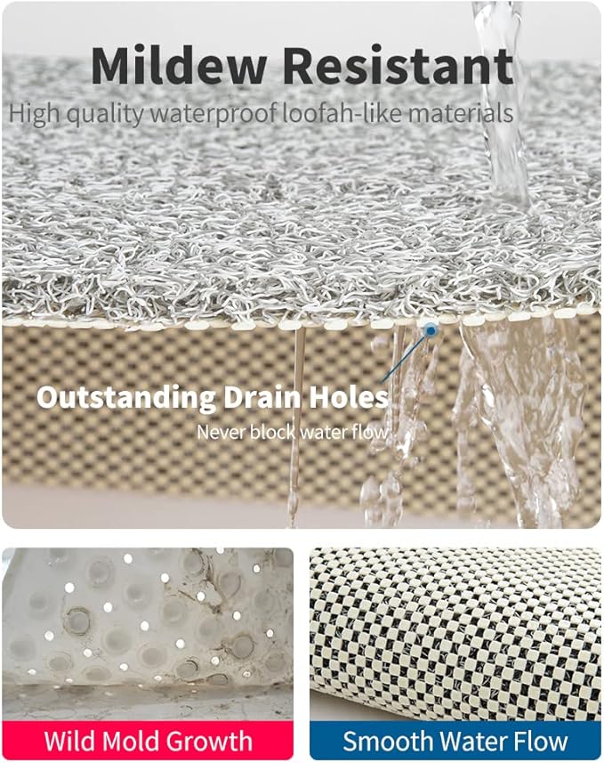 Non Slip Shower Mat, Comfortable Bath mat for Textured Surface,Quick Drying Easy Cleaning Shower Floor Mat for Wet Area,Without Suction Cups 24x24 Lightgrey