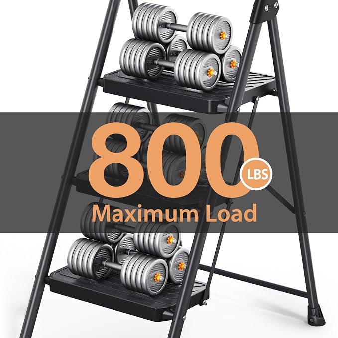 TOOLF 3 Step Ladder, Sturdy Steel Step Stool with Anti-Slip Wide Pedals, Handrail, Safe-Lock Design, Folding Portable Ladder for Multi-Purpose, Home, Kitchen, Pass 800lbs Load Testing, Black