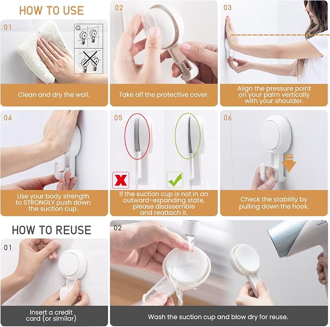 LEVERLOC Heavy Duty Suction Cup Shower Hooks 4 Pack, Damage-Free Shower Hangers for Inside Bathroom Wall, Powerful Vacuum Suction Towel Hooks, Loofah Holders, Easy to Install and Remove, White
