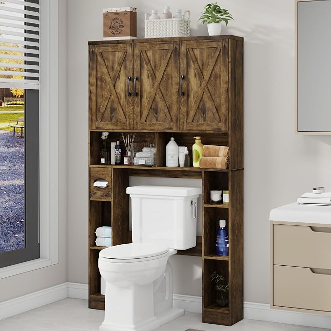 Over The Toilet Storage Cabinet, Farmhouse Toilet Cabinet Rack with 3 Barn Doors, Space Saving Bathroom Organizer with Shelves, Toilet Paper Holder and Towel Rack for Bathroom,Restroom, Dark Brown