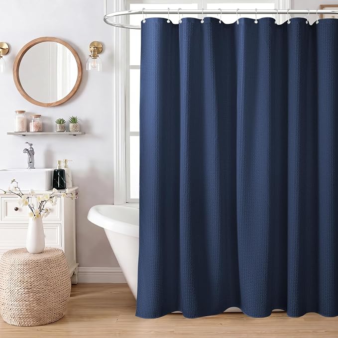 Dynamene Thick Fabric Shower Curtains for Bathroom - Waffle Weave Heavy Duty, 256GSM Hotel Spa Luxury Weighted Polyester Cloth Bath Curtain Set with 12 Plastic Hooks,72x72, Navy Blue