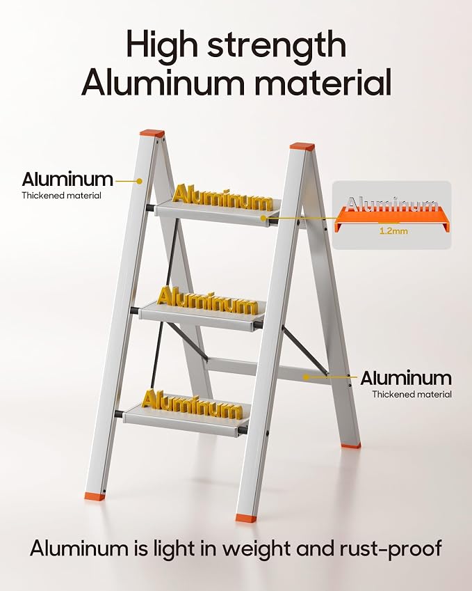 HillhutApex 3 Step Ladder, Lightweight Portable 3 Step Stool with Anti-Slip Wide Pedal, 330lbs Capacity Aluminum Ladder for Household,Office,Kitchen(Orange)