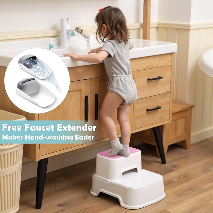 2 Step Toddler Step Stool, Non-Slip Multifunctional Kids Step Stool for Bathroom Sink & Toilet Potty Training,Supports Up to 220 lbs (2 Packs, Pink)