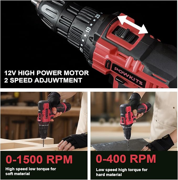 Cordless Drill Tool Set: 12V Power Drill Tool Kit with Battery & Charger, 142Pcs Hand Drill DIY Toolbox, Portable Household Basic Electric Drill Set for Men & Women, Red