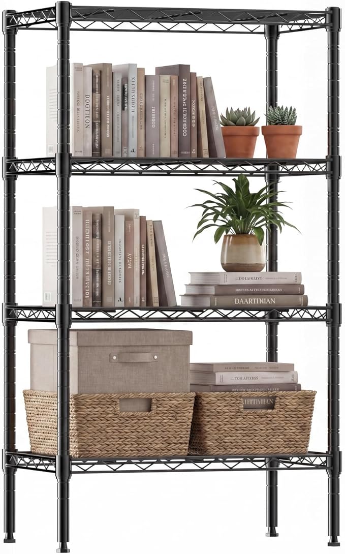 DUMOS 4-Tier Metal Wire Storage Shelves, Adjustable Standing Storage Rack Shelf, Heavy Duty Steel Shelving Unit Organizers for Kitchen Bathroom Pantry Garage, 23.2" Wx13.4 Dx47.1 H, Black