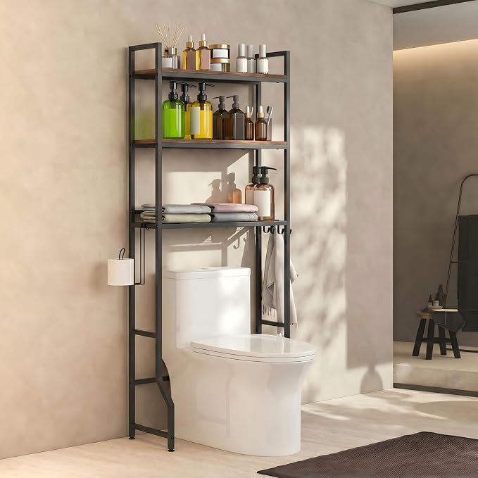 Over The Toilet Storage, Over Toilet Bathroom Organizer 3 Tier, Above Toilet Storage Rack for Bathroom Freestanding Bathroom Space Saver with Metal Frame and 4 Hooks for Laundry, Brown