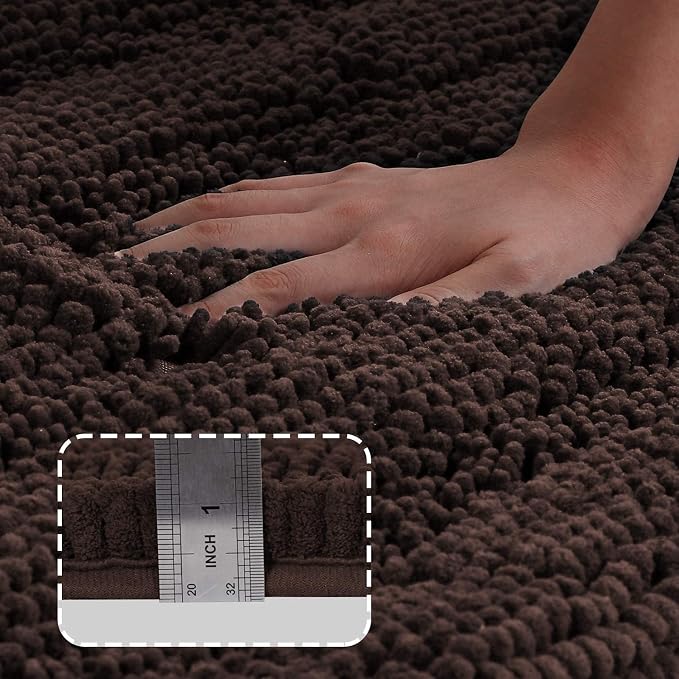 Turquoize Chenille Bathroom Rugs Set Non-Slip Bath Mats for Bathroom Super Absorbent Shaggy Rugs for Tub Shower Toilet Bath Rug Plus U Contour Rug (Oversized: 24" x 36" and 20" x 24" U), Chocolate