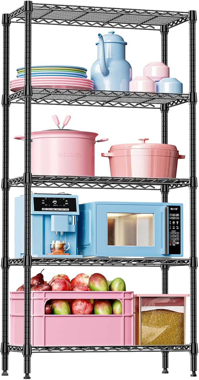 IZEUK 5 Tier Black Metal Storage Shelves, Heavy Duty Adjustable Wire Shelving Rack for Garage, Kitchen, Bathroom, Closet Organizer, 1250 lbs Capacity, 15.7" D x 33.5" W x 68.5" H