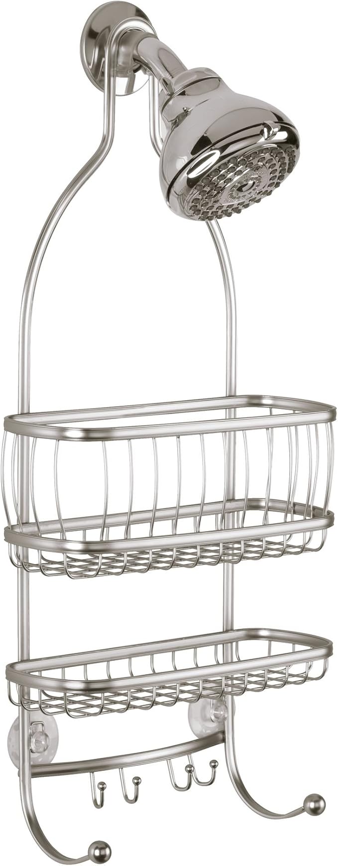 iDesign York Metal Wire Hanging Shower Caddy, Extra Wide Space for Shampoo, Conditioner, and Soap with Hooks for Razors, Towels, and More, 9.75" x 4" x 22", Satin Silver