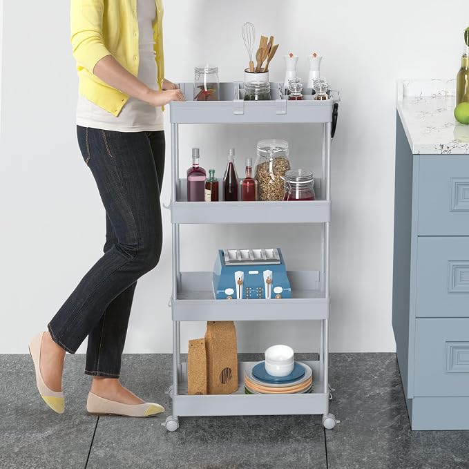 SPACELEAD 4 Tier Rolling Cart with Wheels, Storage Craft Art Trolley Organizer Serving, 3 Hanging Baskets Easy Assembly, for Office, Living Room, Kitchen