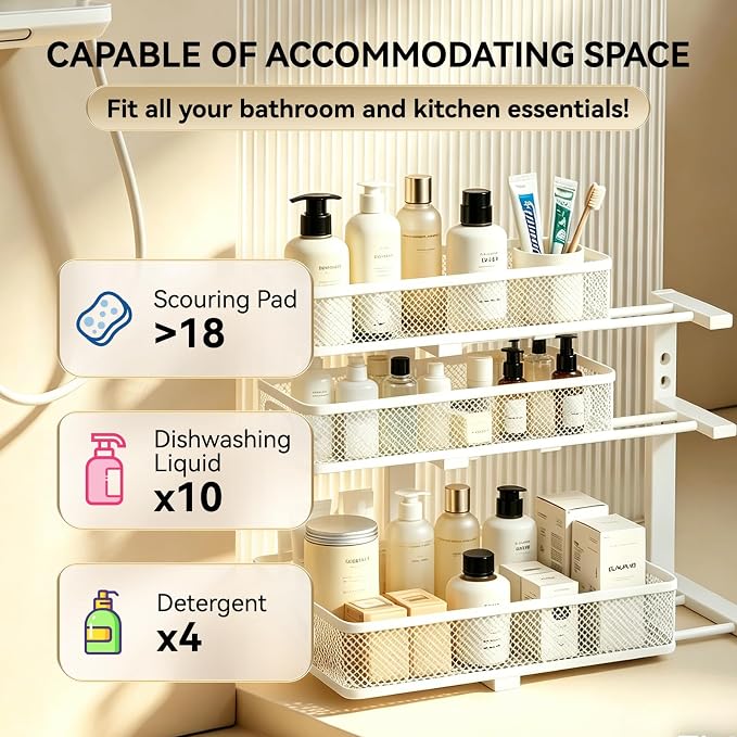 1 Pack 3 Tier Under Sink Organizer, Height Adjustable Heavy Duty Metal Under Cabinet Drawer Pull Out Shelf with Smooth Silent Sliding Design, Organizer and Storag Rack for Kitchen, Bathroom, White
