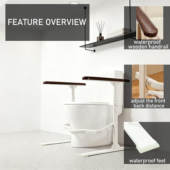 Toilet Safety Rails for Seniors - Toilet Safety Frame with Nighttime Reflective Armrests & Base, 3-Speed Height Adjustment, Toilet Support Frame Fits Most Toilets (Brown)