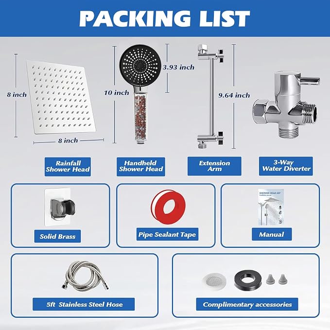Filtered Shower Head,8”Rain Shower Head with Handheld Spray Combo with 11'' Angle Adjustable Extension Arm/Flow Regulator/Shower System,High Pressure Rainfall Shower Head Bathroom,Chrome