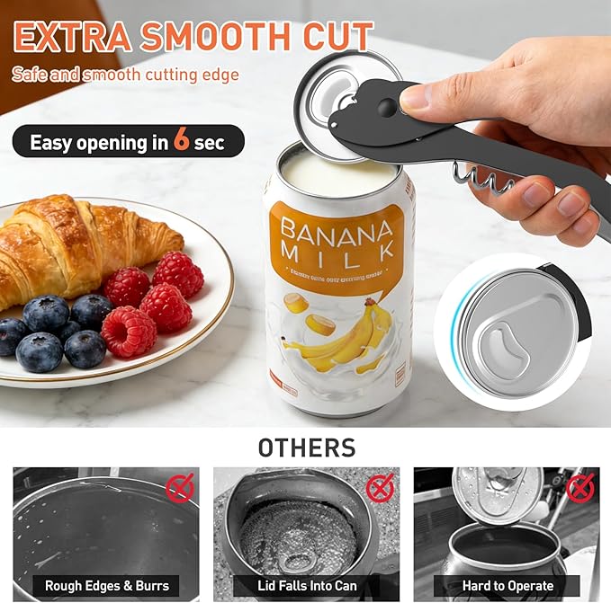 ikkle Topless Manual Soda Can Opener with Smooth Edge, 5-in-1 Multifunction Aluminum Pop-Top Can Lid Remover & Ring Pull Opener, Beer Bottle Opener, Wine Corkscrew & Foil Cutter