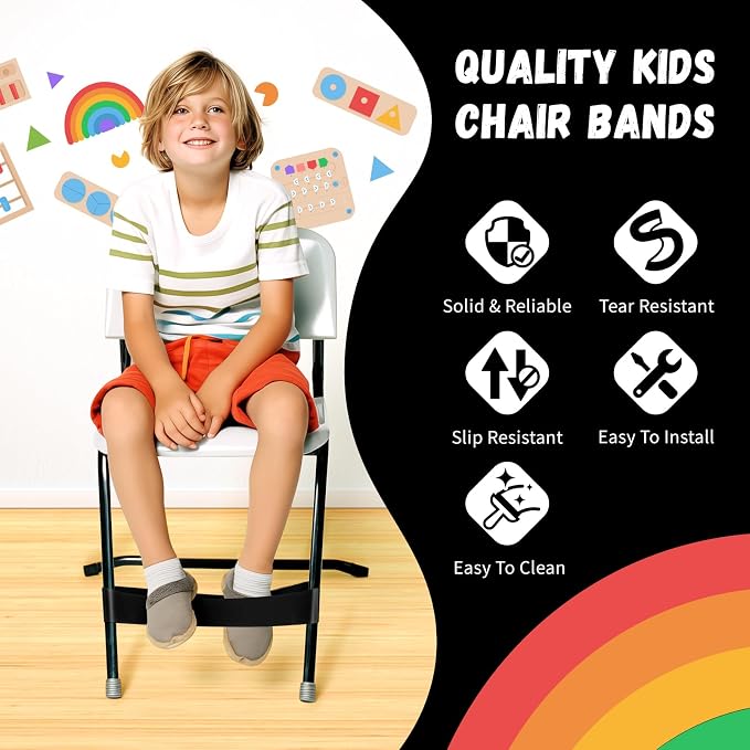 5 Pack Chair Bands for Kids with Fidgety Feet, ADHD Tools for Kids, Improve Focus & Reduce Restlessness, Chair Bands for Sensory ADHD ADD Autism - Classroom & Home Must Haves (Black)