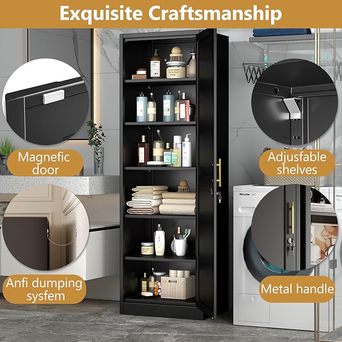 Tall Narrow Slim Metal Storage Cabinet with Lock and 5 Adjustable Shelves,Steel File Cabinets,Kitchen Pantry Cabinet Locker Organizer - 67" Storage Cabinets for Bathroom,Bedroom,Office,Black