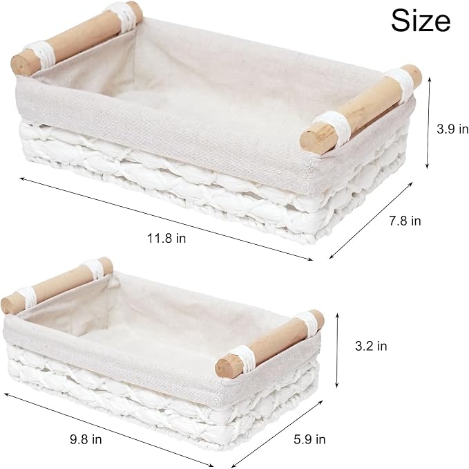 Storage Basket Wicker Baskets for Organizing with Handle Decorative Storage Bins for Countertop Toilet Paper Storage Basket for Toilet Tank Top Small Baskets Set (Set of 2,White)