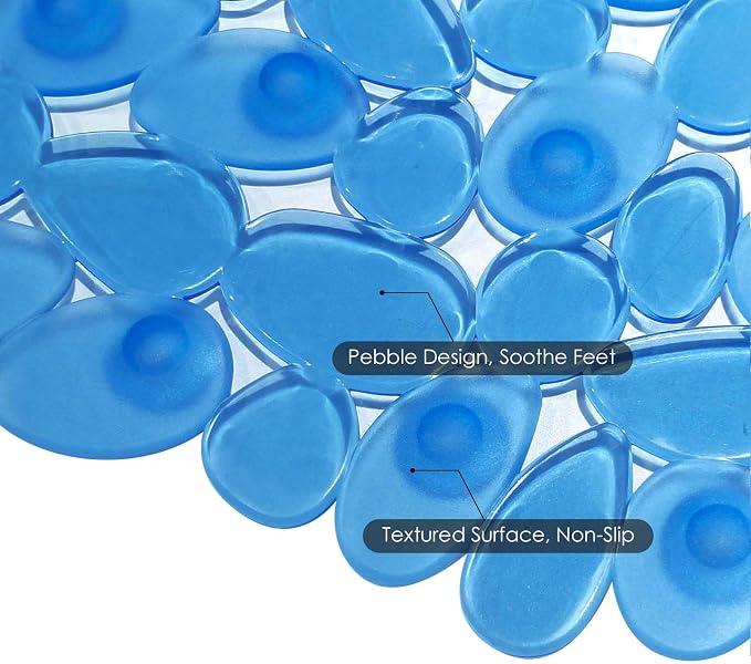 WELTRXE Non Slip Bathtub Mat, 35 x 16 Inches Bathroom Pebbles Shower Mat with Suction Cups, Drain Holes, Suction Bath Mats for Tub Machine Washable - Clear Blue