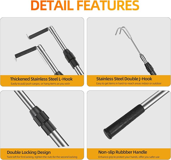 EXJIOTA Truck Cargo Grabber, 6FT Truck Cargo Retriever Telescoping Pole with Two Hooks, Truck Grabber Reach Tool for Pickup Truck Bed Grabber Heavy Duty Truck Accessories