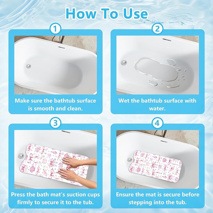 Bath Mat for Tub Non Slip, Cute Bow Bathtub Mats for Girls Non Slip Shower Mat, Machine Washable 40"x16" Long Pink Tub Mats with Suction Cups and Drain Holes for Toddler & Women, Bathroom Decor(Bows)