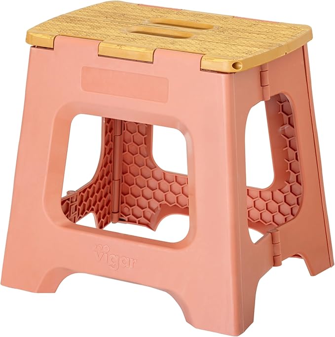 Vigar Compact Folding Step Stool - 12-1/2 Inch Foldable Step Stool for Adults, Lightweight Portable Stool with Handle, Non Slip Step Stool, Space-Saving Stool up to 330 lb- Orange, Bamboo Print Top