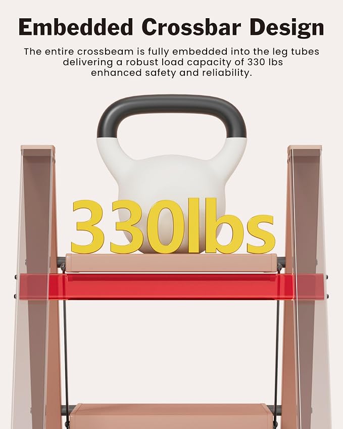 3 Step Ladder, Aluminum Lightweight Folding 3 Step Stool with Anti-Slip Wide Pedal, 330lbs Capacity Ladder for Household,Library,Office(Light Peach Pink)