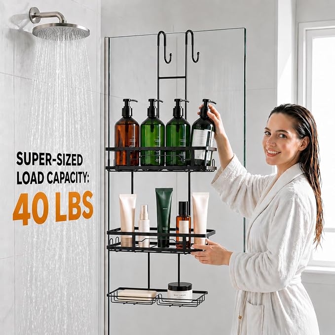 OMAIRA Over The Door Shower Caddy Hanging, 3-Tier Shower Organizer Hanging with 8 Hooks & Soap Holder, Height-Adjustable Rustproof Bathroom Shelf for Shower Door, No Drilling Storage Rack, Black