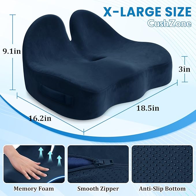 CushZone Seat Cushion, Memory Foam Office Chair Seat Cushion for Office Chairs/Car/Long Trip/Desk Chair/Gaming, X-Large Size for Sciatica & Hip & Tailbone Pain Relief, Sciatica Support (Blue)