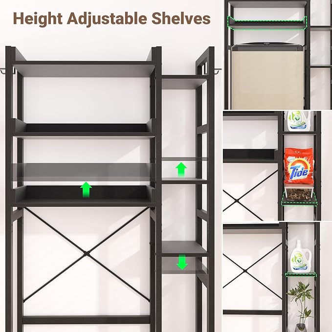 Besiost Over The Toilet Storage, 7 Tier Bathroom Organizer with Reversible Side Shelf and 2 Fabric Drawers, Adjustable Freestanding Rack Space Saver for Small Spaces, Black