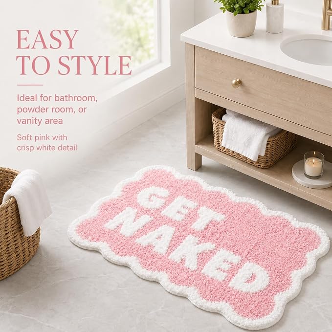 Scalloped Pink Bath Rug, Get Naked Cute Bathroom Rug, Soft Absorbent Quick Dry Bath Mat, TPR Non Slip Backing, Microfiber Mat for Shower Tub Sink Vanity 20" x 31.5"