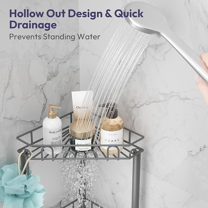 SWTYMIKI Standing Shower Caddy Corner - 3‑Tier Stainless Steel Shower Organizer Shelf with 12 Hooks and Adhesive Pads, Rustproof Corner Shelves Stand Rack for Bathroom Shower Room, Gray