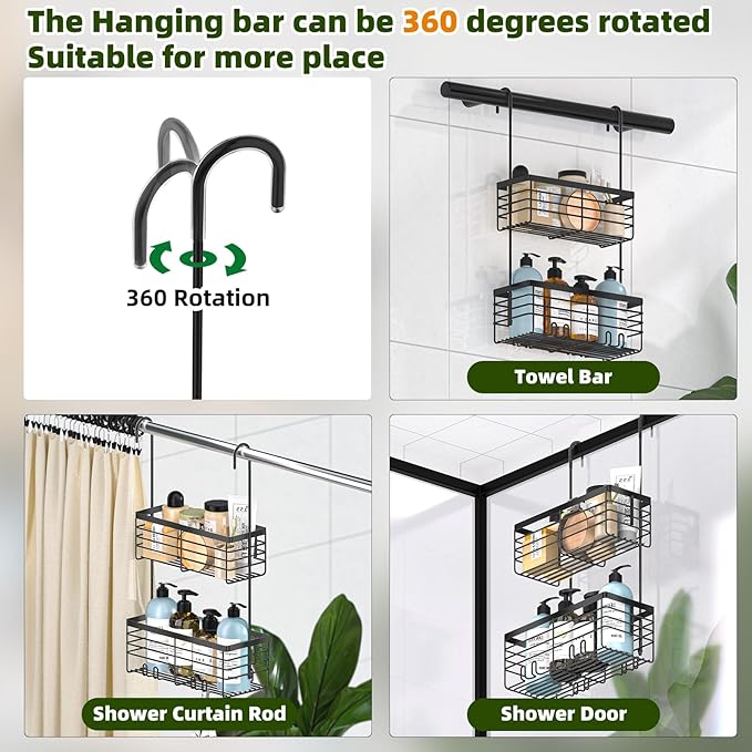 YUOROS Hanging Shower Caddy, 2 Tier Over the Door Shower Organizer Rack Organizer Stainless Steel Rustproof (Black)