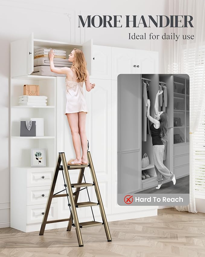 4 Step Ladder, Folding Step Stool with Wider Pedal, Anti-Slip Feet & Non Slip Stripes, Aluminum Sturdy Material, 300Lbs Capacity, Elegant Look of Champagne Gold Better Matches Your Home