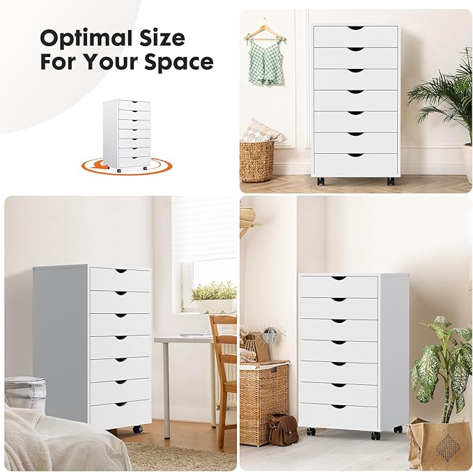 OLIXIS 7 Drawer Mobile File Cabinet Under Desk Storage Organization with Wheels Vertical Filing Chest Rolling Wood Small Desk Printer Stand for Home Office, 15.75"D x 18.74"W x 34.25"H, Classic White