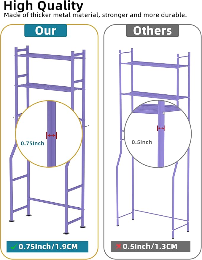 Livilord 3-Tier Over The Toilet Storage, Freestanding Metal Bathroom Shelves with 4 Hooks, Over Toilet Storage Shelf with Paper Holder, Above The Toilet Shelf for Bathroom Storage, Purple