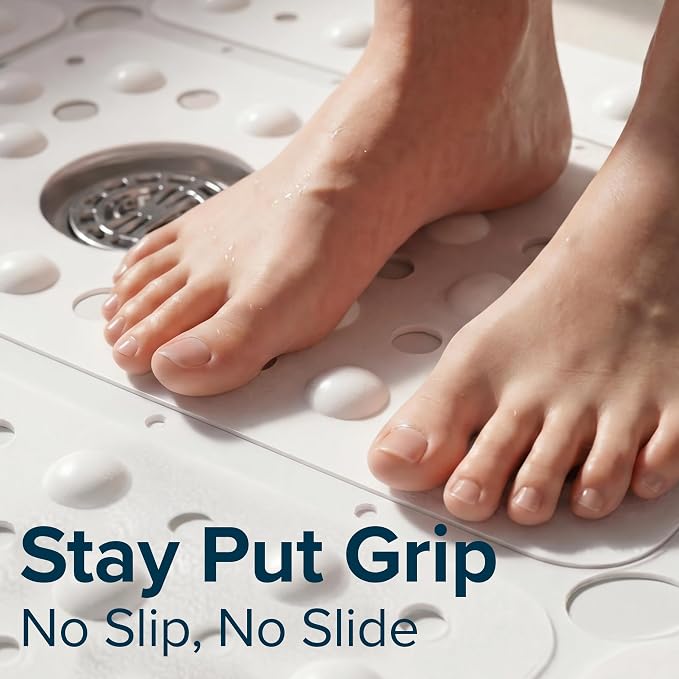 SlipX Solutions 27" Oversize Square Shower Mat, Non-Slip Mat for Elderly & Kids, 100+ Power Grip Suction Cups for Smooth Surfaces, Machine Washable, White