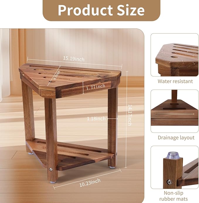 Boulphia Shower Foot Rest 14in, Acacia Wood Shower Stool for Shaving Legs, Waterproof Corner Shower Stool with Storage Shelf for Inside Small Shower Spaces, Wood Color