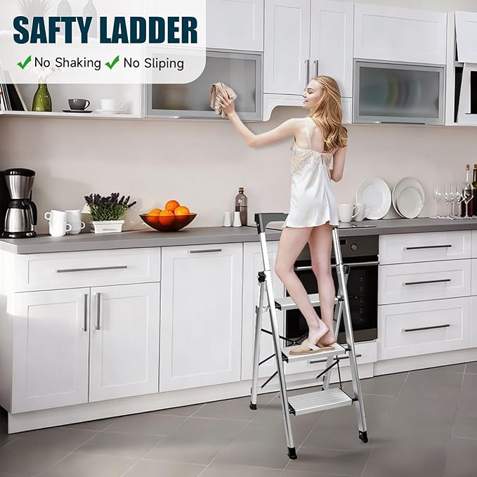 Valeo Aluminium 3 Step Ladder with Retractable Handgrip,Anti-Slip Pedal,330 lbs Capacity,Folding Step Stool for Kitchen, Garage, Home, Space Saving, Sturdy and Portable, Silver