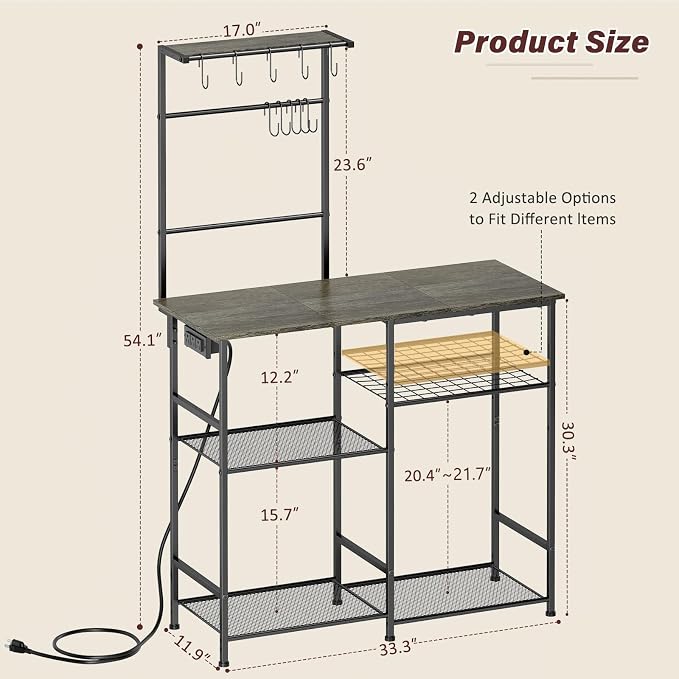 3IngSeagulls Bakers Rack with Power Outlet, Kitchen Microwave Stand with 10 S-shaped Hooks, 6-Tier Coffee Bar Station, Kitchen Storage Shelf Rack for Spices, Pots, Gray
