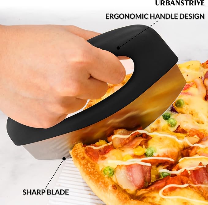 Urbanstrive Heavy Duty Stainless Steel Pizza Cutter with Cover, Super Sharp Blade Pizza Knife Pizza Cutter Rocker, Perfect Kitchen Gadgets for Pizza Cutting Home Essentials (Black)