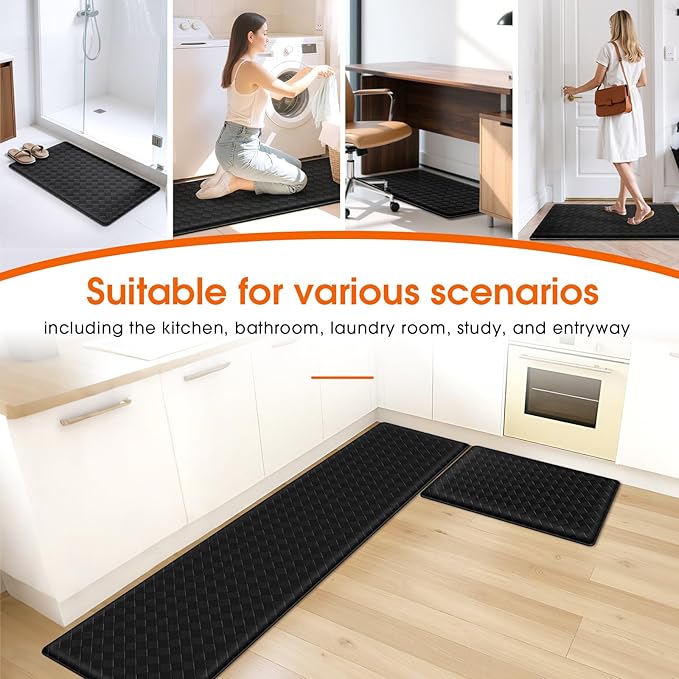 TranquilRelax 2-Piece Anti-Fatigue Kitchen Mats, Cushioned Non-Slip Waterproof Sink & Stove Floor Mats, Comfortable Standing Rug Set for Kitchen, Laundry & Entryway, Black