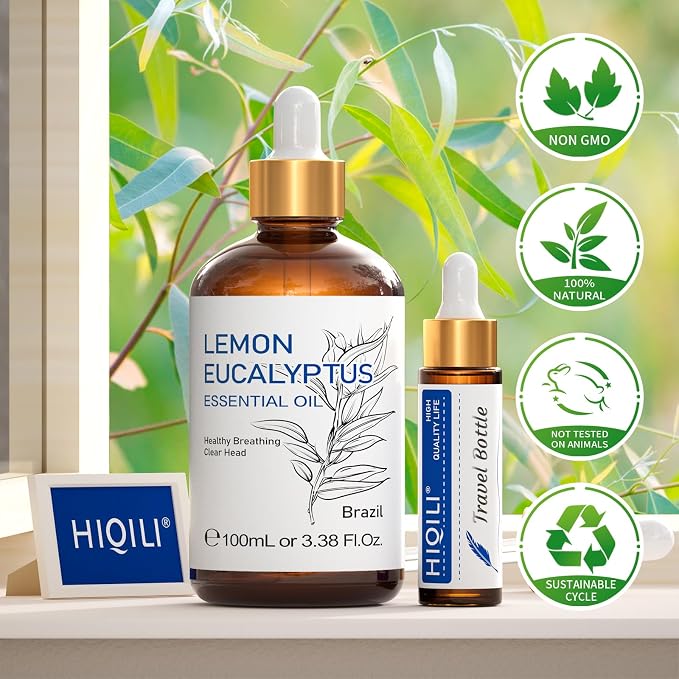HIQILI Lemon Eucalyptus Oil, for Spary, Diffuser, Indoors, Outdoors, Garden, Yard, 100% Pure Natural - 3.38 Fl Oz